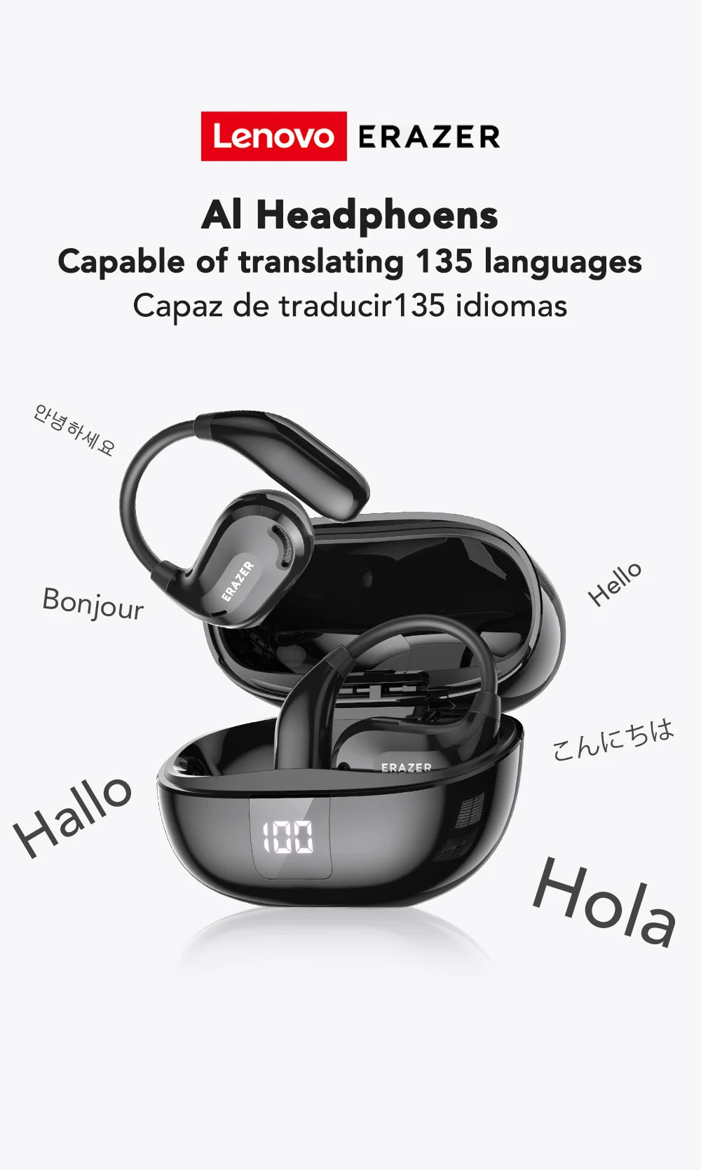 A pair of black Lenovo Erazer AI headphones shown with various language translations.