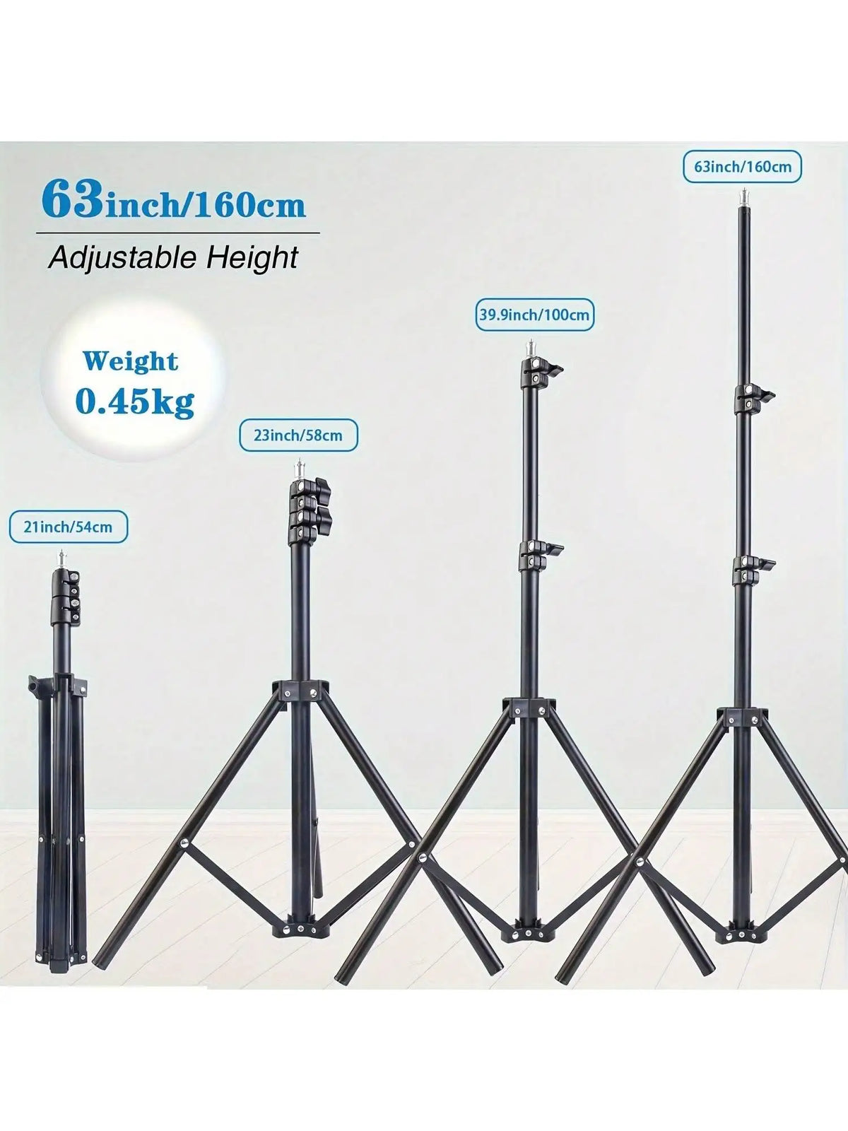 A set of adjustable black tripod stands with various height options for phones and cameras.