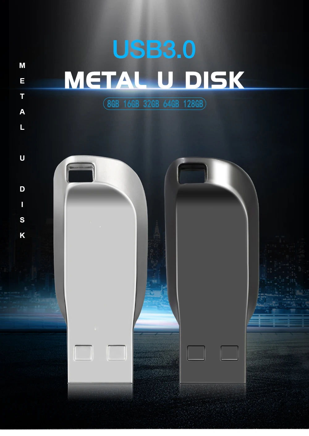 Zwei Metall-USB 3.0-Laufwerke nebeneinander vor dunklem Hintergrund