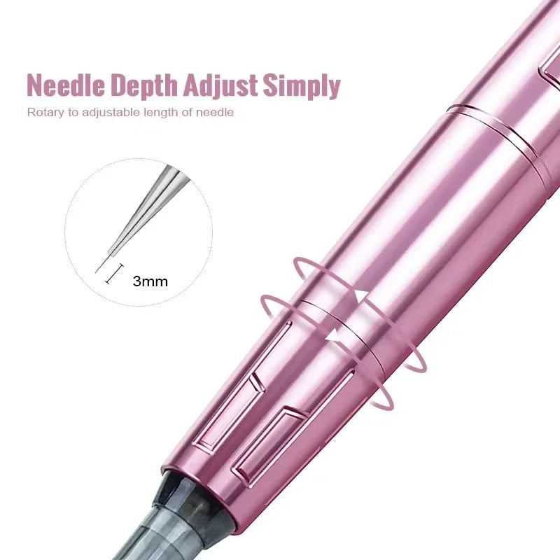 Primer plano de un rotulador eléctrico profesional rosa para tatuajes permanentes con ajuste de profundidad de aguja.