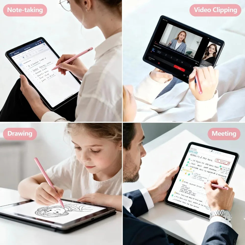 A collection of images showing various uses of a precision stylus pen for iPad, including note-taking, video clipping, drawin