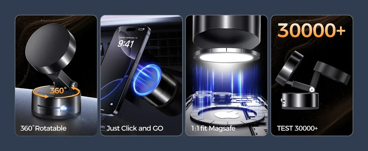 A 360 degree rotatable magnetic phone holder demonstrating just click and go functionality and a 1:1 fit MagSafe feature.