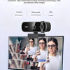 A 4K HD webcam is shown mounted on a stand, displaying multiple video feeds and a laptop keyboard nearby.