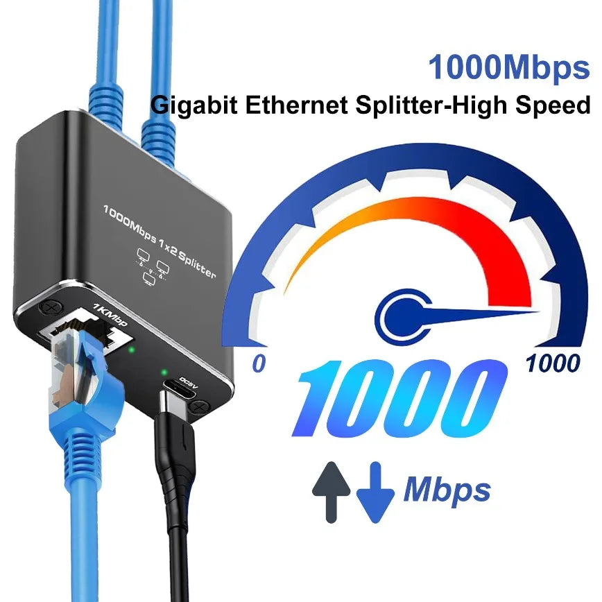Divisor Ethernet Gigabit negro con cables azules y medidor de velocidad que indica 1000Mbps.