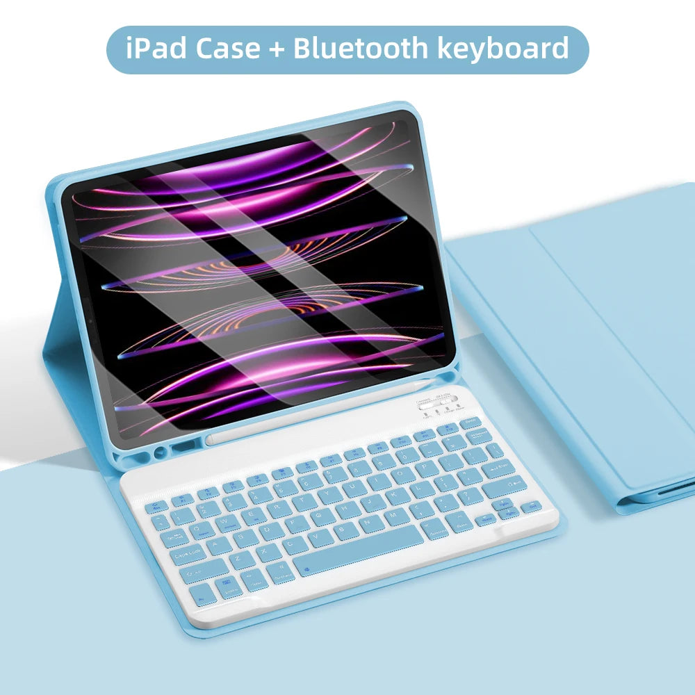 A light blue iPad case with a Bluetooth keyboard is shown open, displaying a colorful graphic on the screen.