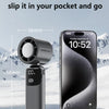 A portable handheld cooling fan is shown next to a smartphone, demonstrating its ergonomic and portable design.