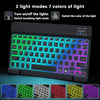 A black portable Bluetooth keyboard with customizable LED lighting displays seven colors.