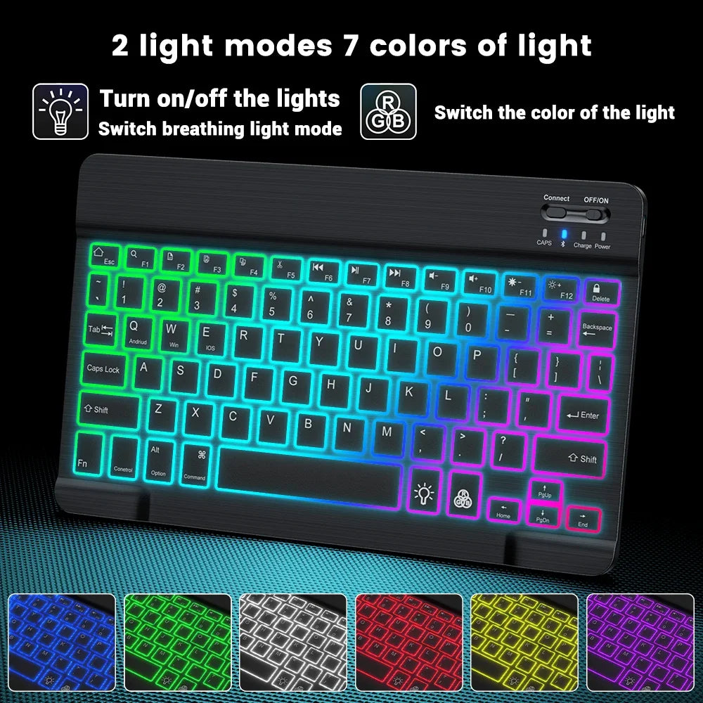 A black portable Bluetooth keyboard with customizable LED lighting displays seven colors.