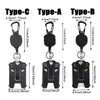 Three types of black retractable badge clips for ID cards and credit cards: Type-C, Type-A, and Type-B.