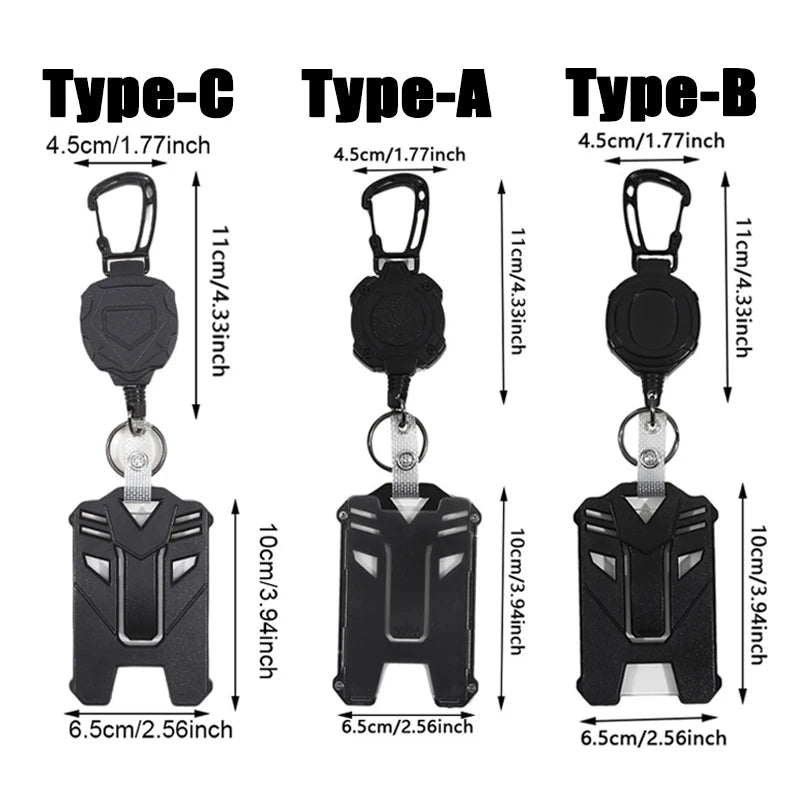 Three types of black retractable badge clips for ID cards and credit cards: Type-C, Type-A, and Type-B.