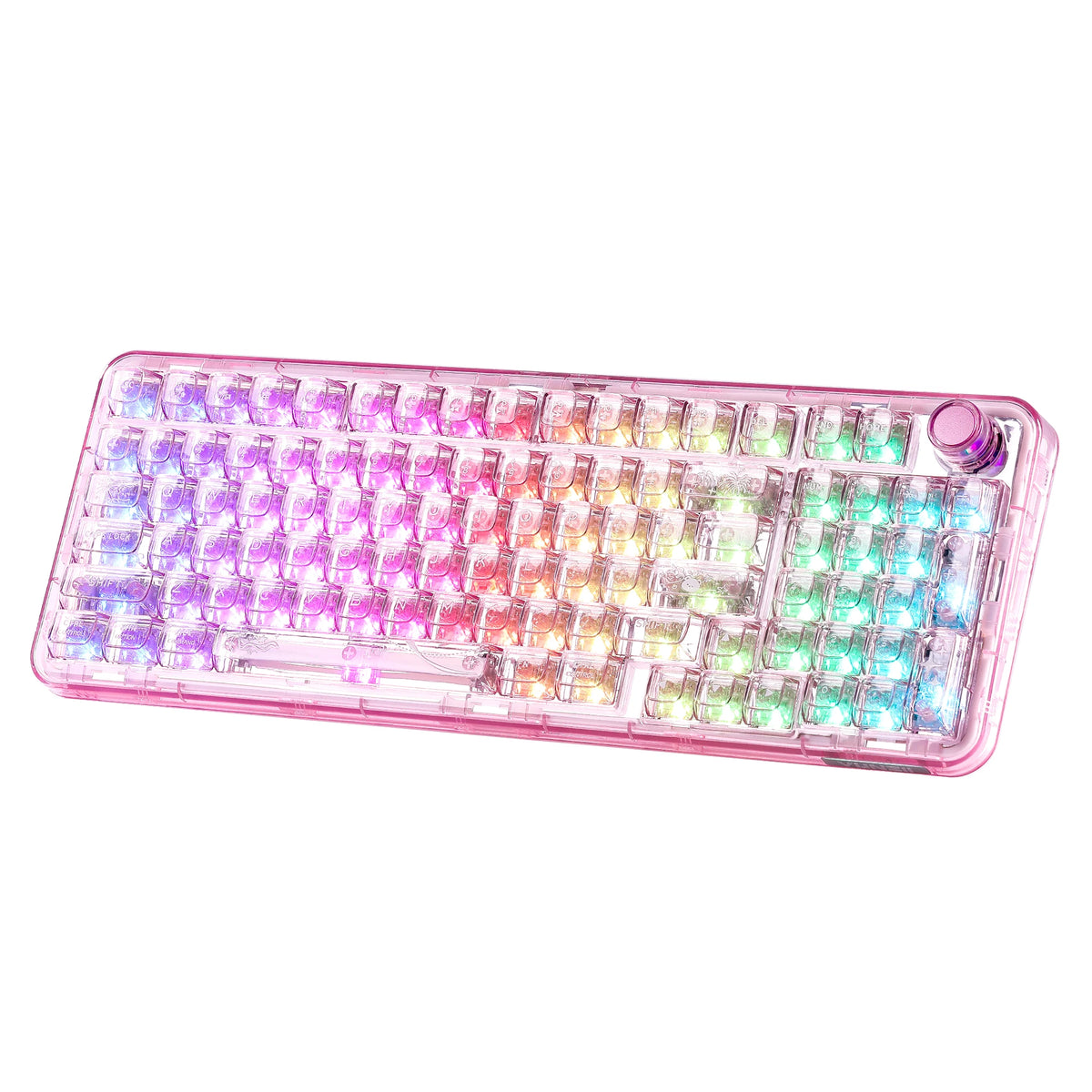 Pink transparent wireless mechanical keyboard with RGB lighting and a knob.