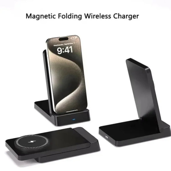 A magnetic folding wireless charger setup showing a smartphone and charging stand.