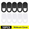 Ten black privacy lens protectors designed to cover webcams on laptops and tablets