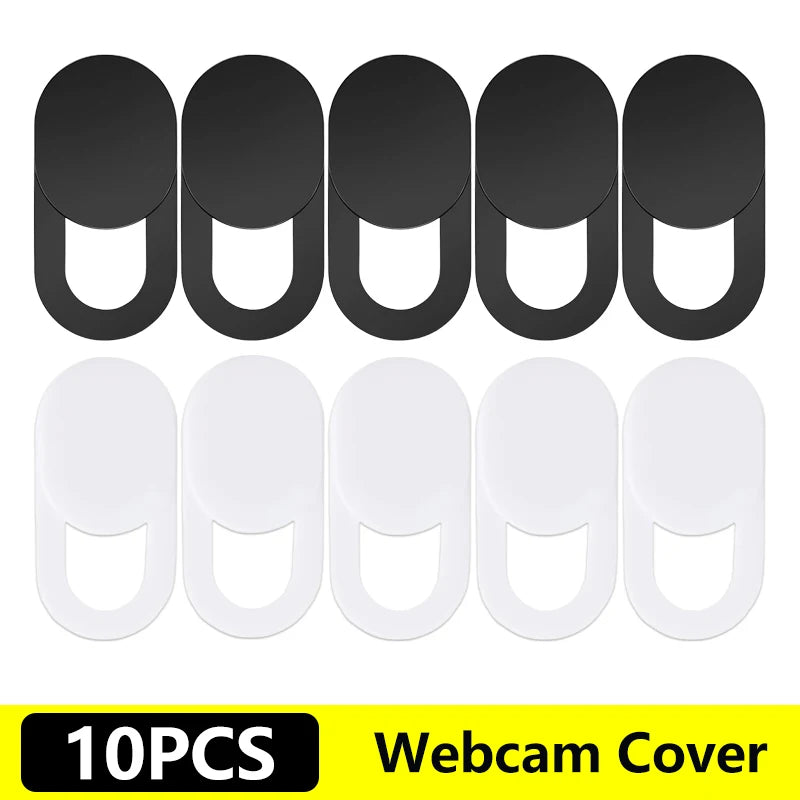 Ten black privacy lens protectors designed to cover webcams on laptops and tablets