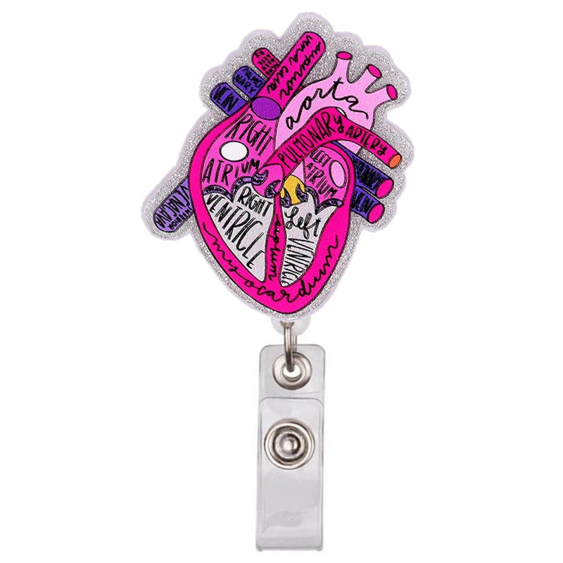 A badge reel featuring a pink and purple anatomical diagram of the human heart.