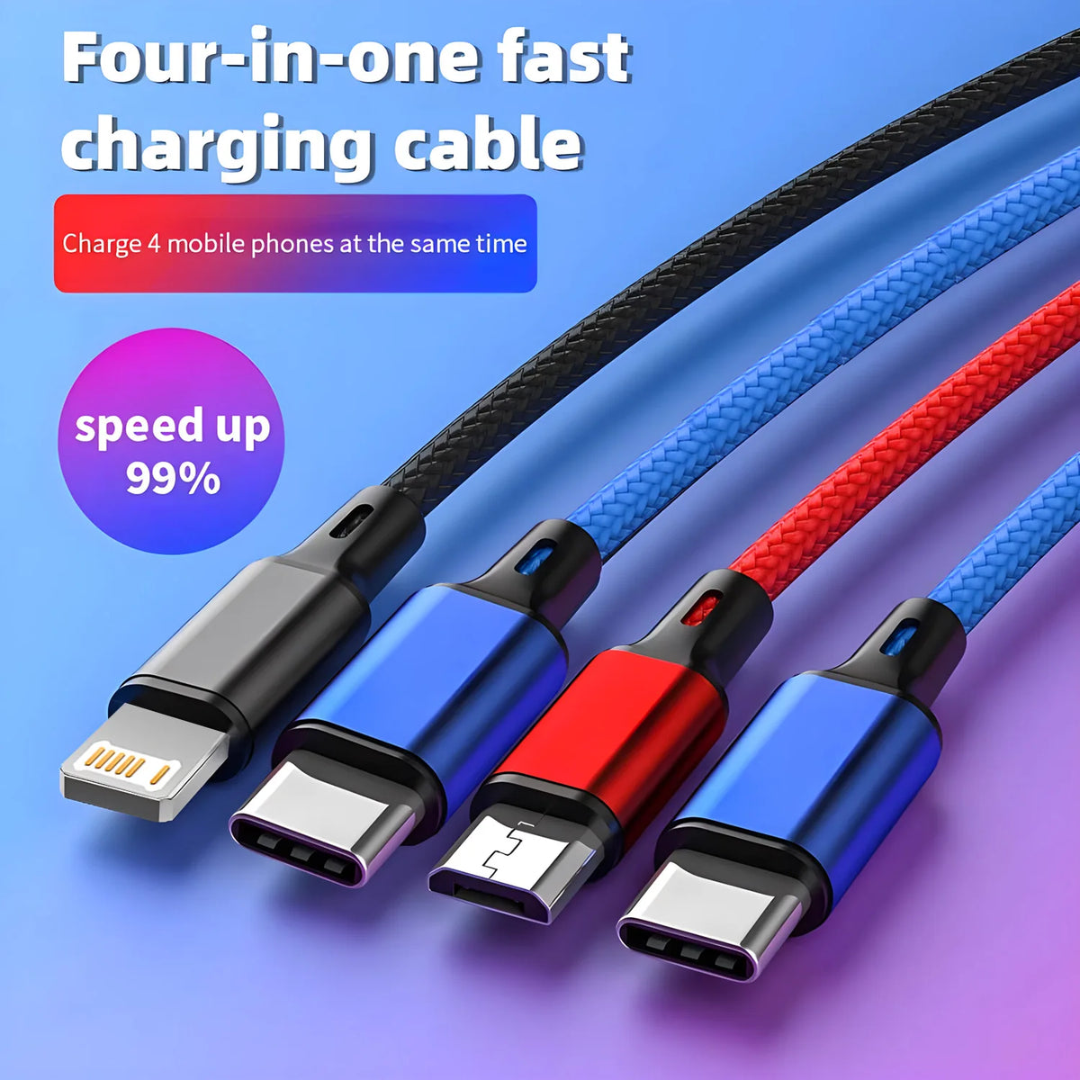 Four-in-one fast charging cable with four connectors shown in various colors and braided designs