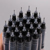 A close-up view of a bulk set of black precision gel pens with silver tips arranged vertically.