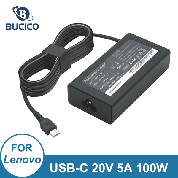 Black USB-C 20V 5A 100W laptop charger adapter cable and power brick for Lenovo devices