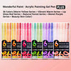 A collection of 36 Languo Acrylic Painting Gel Pens in various colors including Warm Yellow, Vibrant Warm, Lip Gloss Red, Nat