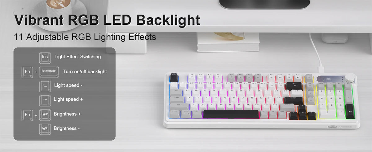 A white membrane keyboard with vibrant RGB LED backlight is shown on a desk.