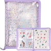 A purple sticker organizer binder with clear storage pockets featuring various decorative stickers.
