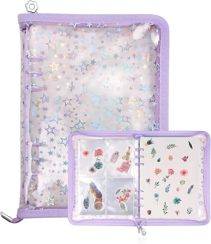 A purple sticker organizer binder with clear storage pockets featuring various decorative stickers.