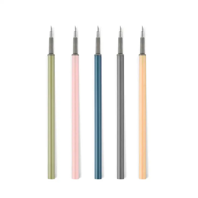 A set of five precision utility knives with varying light wood and blue colored handles.