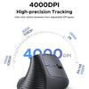 Black ergonomic vertical wireless mouse showing a diagram of its 4000 DPI tracking capabilities