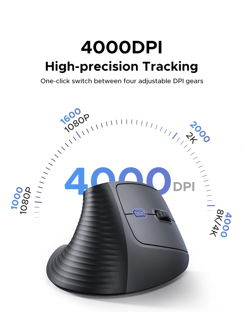 Black ergonomic vertical wireless mouse showing a diagram of its 4000 DPI tracking capabilities