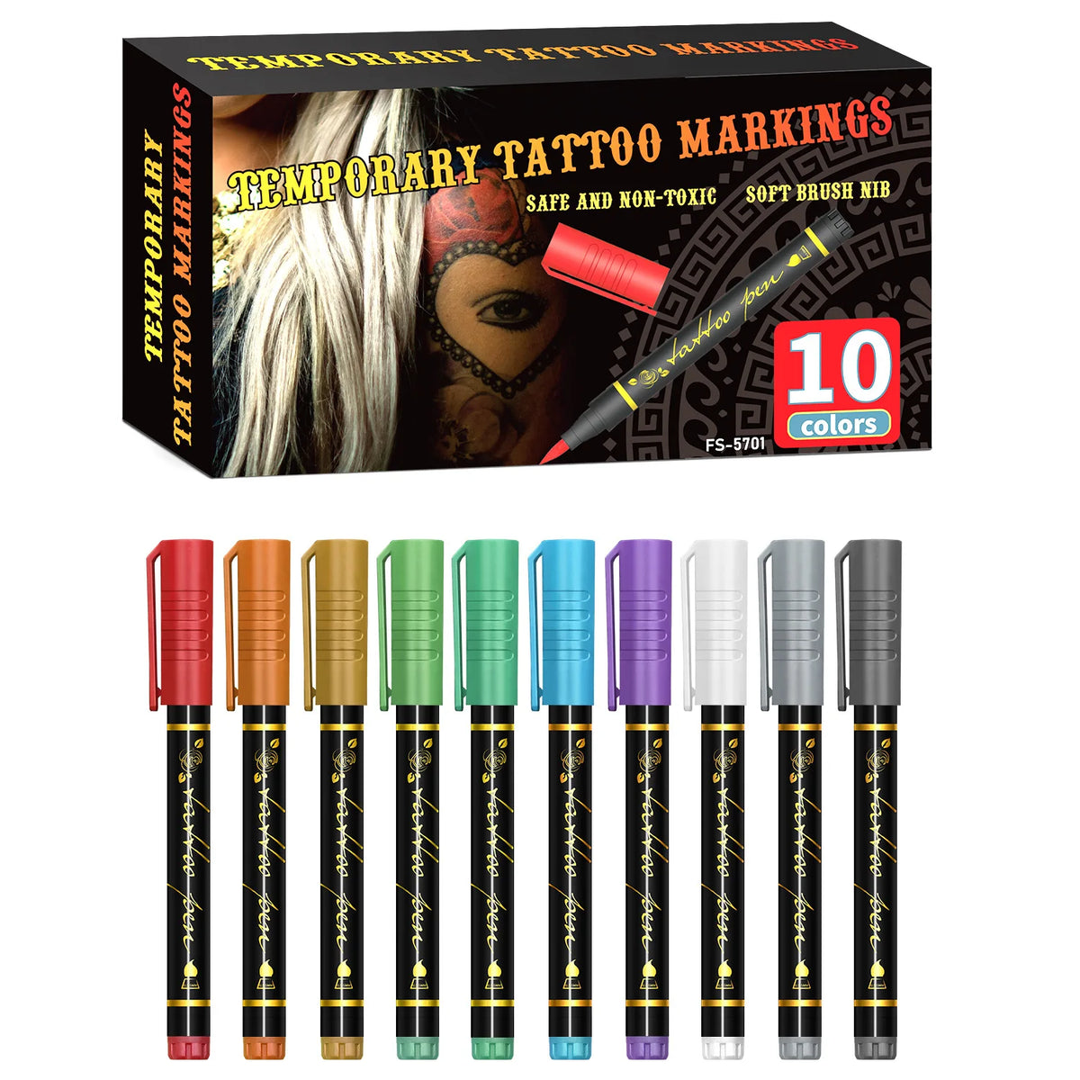 Box of temporary tattoo markings featuring ten tubes of face paint and skin painting products.