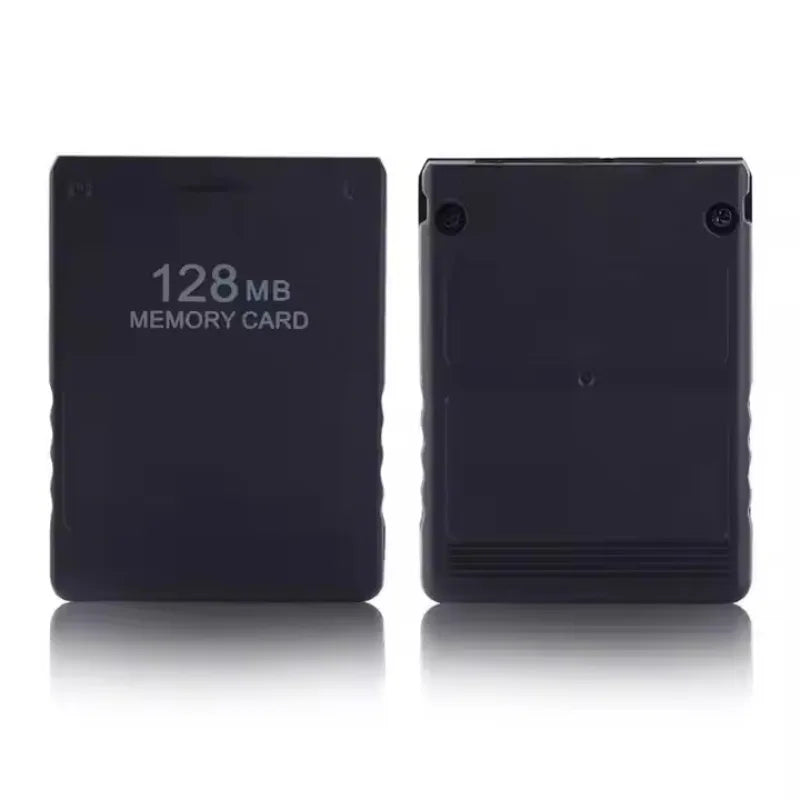 A black Universal PS2 memory card is shown from the front.