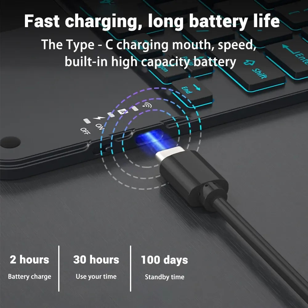 A close-up of a black wireless keyboard being charged by a USB-C cable, highlighting fast charging features.