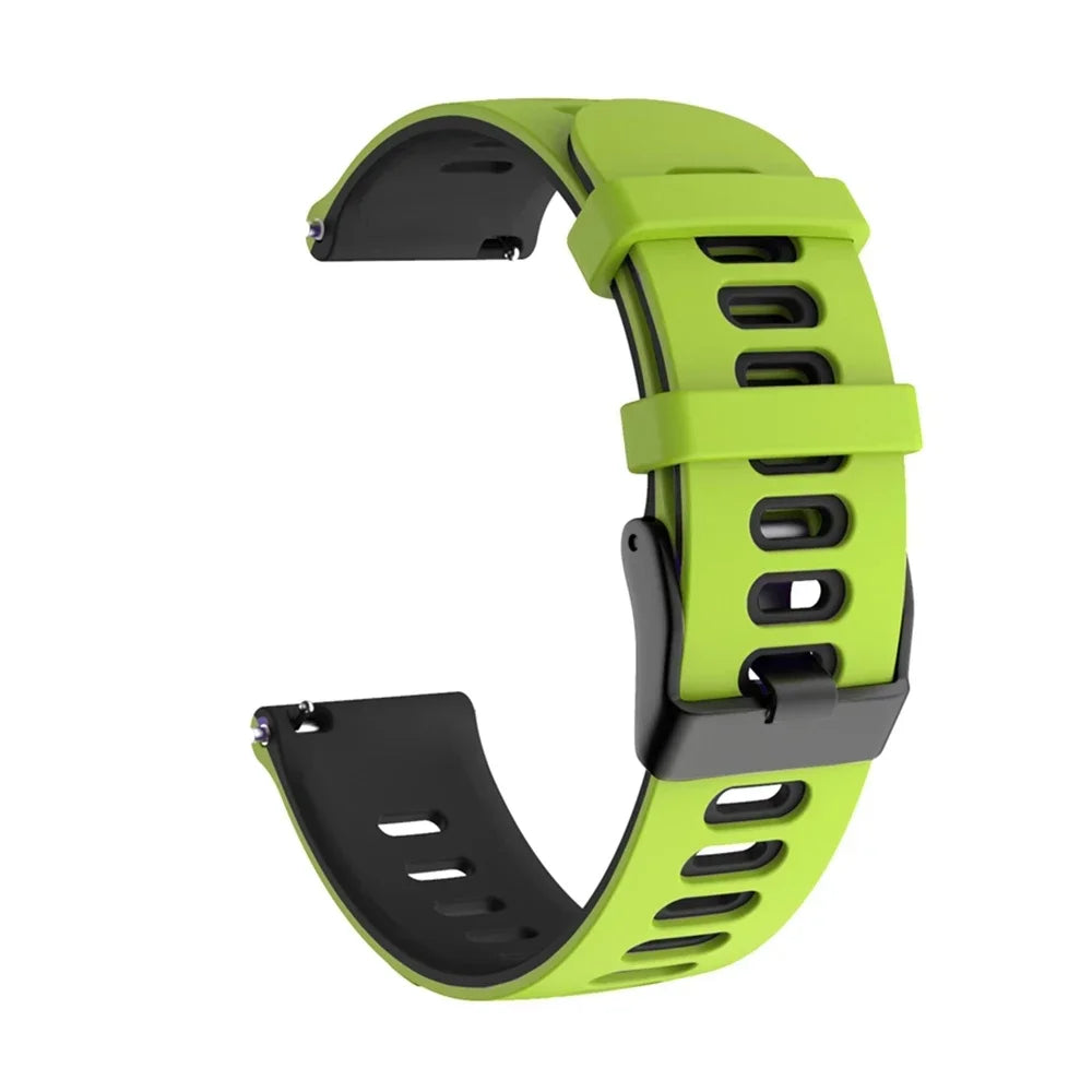 A lime green silicone watch band for a smartwatch, shown from the side.