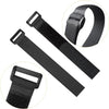 Black reusable hook and loop cable ties shown in various forms including a strap and a clip.