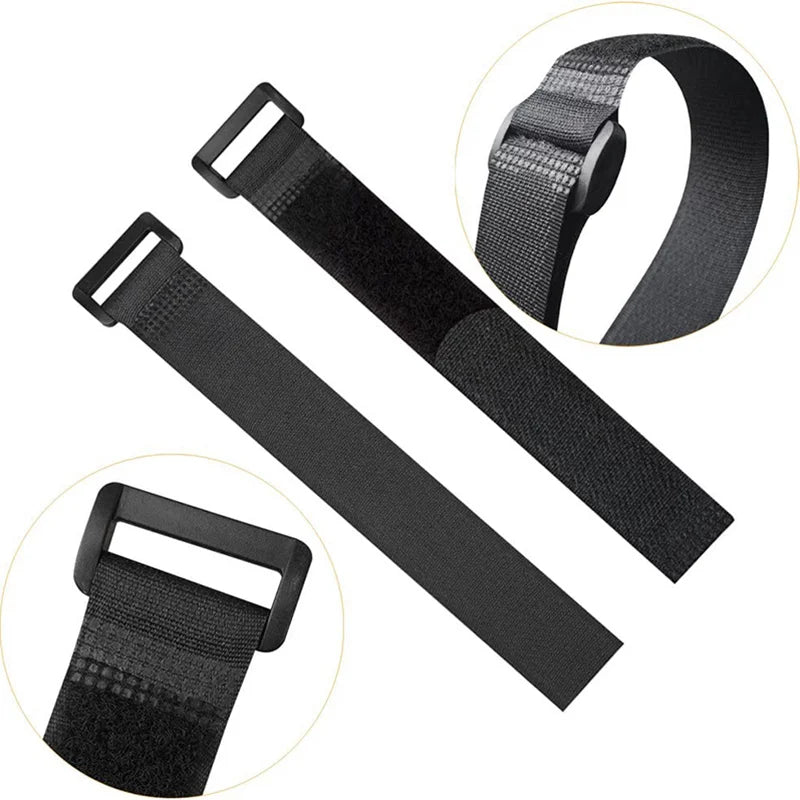 Black reusable hook and loop cable ties shown in various forms including a strap and a clip.