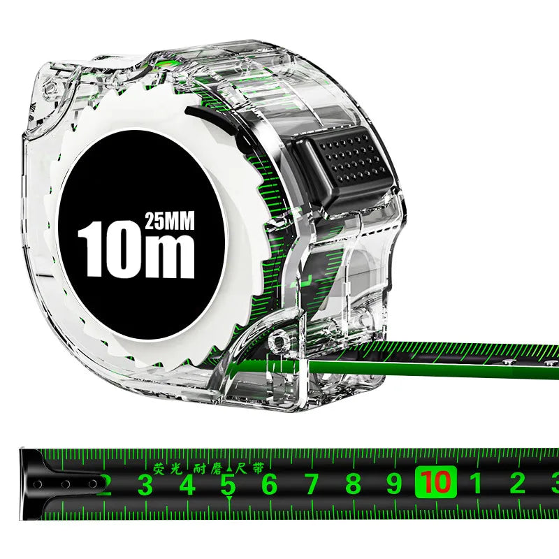 A clear plastic self-locking fluorescent steel tape measure with a 25mm diameter and 10m length shown next to a ruler.