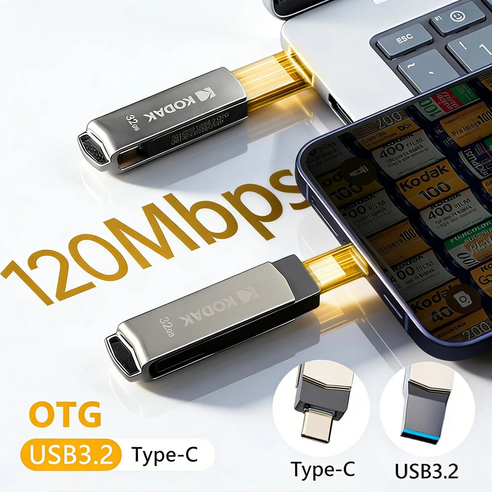 A Kodak USB 3.2 Type-C flash drive is shown connected to a smartphone, illustrating data transfer speed.