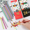 A collection of metallic fluorescent colored pencils and a box of 24 metallic colored pencils for art supplies.