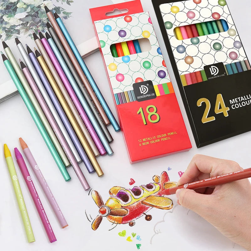 A collection of metallic fluorescent colored pencils and a box of 24 metallic colored pencils for art supplies.