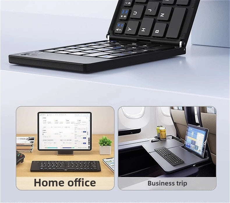 A black foldable Bluetooth keyboard is shown in two contexts: a home office setup and during a business trip.