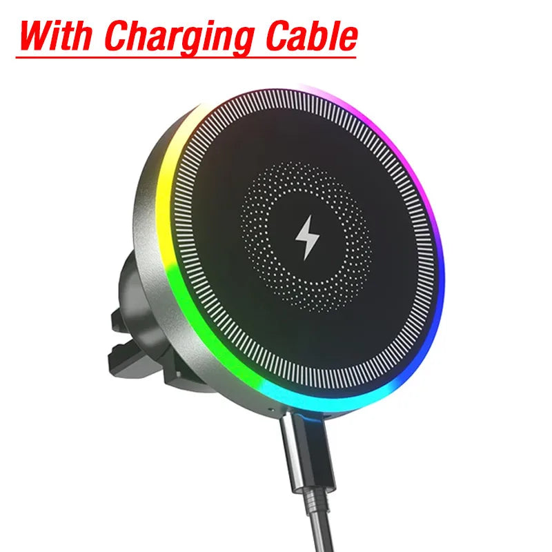 Magnetic wireless car charger with an RGB ambient light and charging cable.