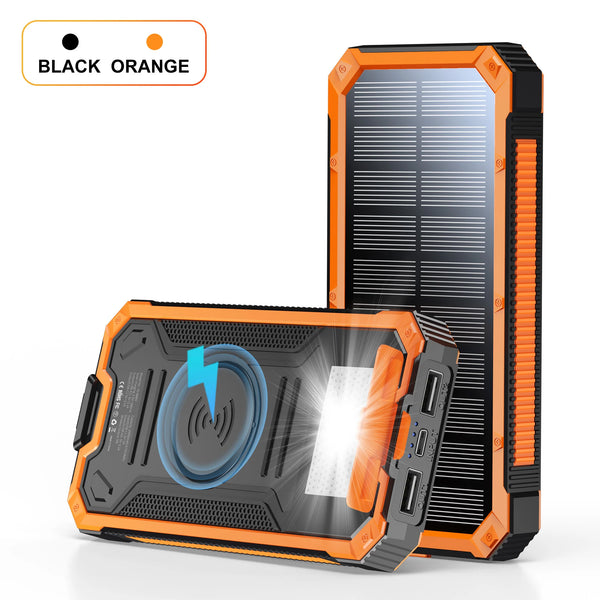 A portable solar power bank charger in black and orange is shown, with a separate panel displaying a blue charging icon.