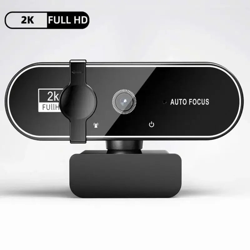 A black 2K Full HD webcam with an auto focus feature and integrated microphone.