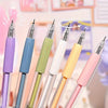 A set of colorful retractable craft knife pens with various colored bodies and tips.