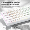 A close-up view of white OEM profile keycaps for a mechanical keyboard, showing various characters and function keys.