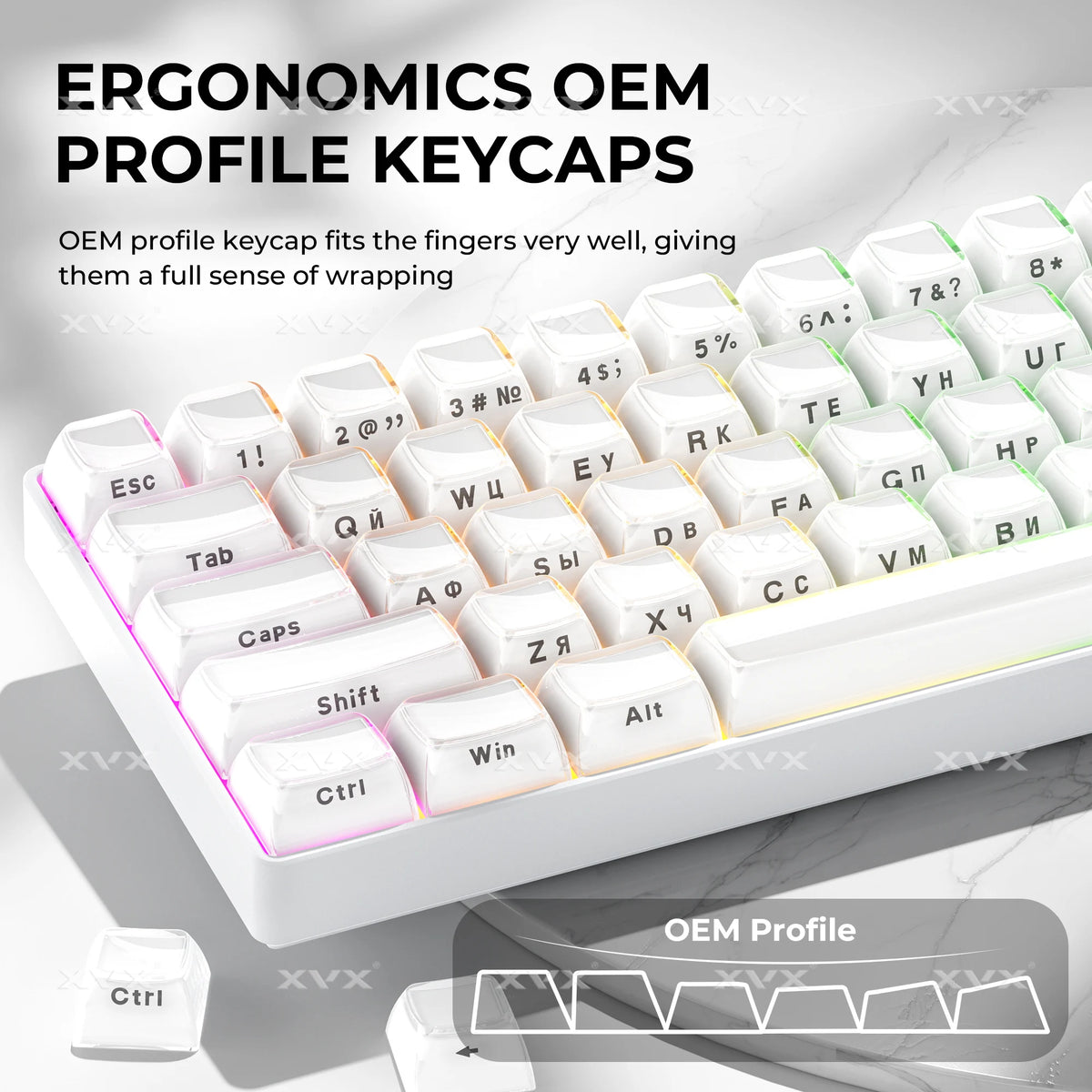 A close-up view of white OEM profile keycaps for a mechanical keyboard, showing various characters and function keys.