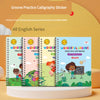 A set of All English Series calligraphy stickers for practice, featuring colorful illustrations and writing guides.