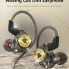 A pair of titanium plating dynamic moving coil earphones with gold accents shown against a reflective surface.