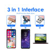 A 3 in 1 interface multi-function flash drive shown with connectors for Type-C, Android/iPhone, and USB 3.0, next to a smartp