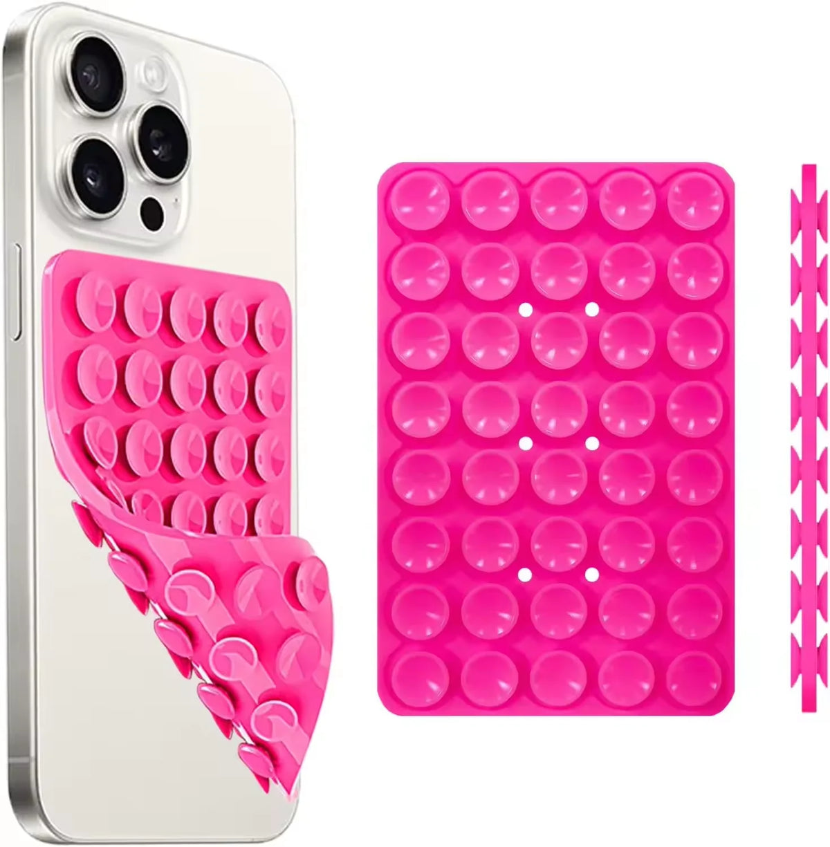 A white smartphone case and a pink silicone suction cup phone mount with multiple circular cups.